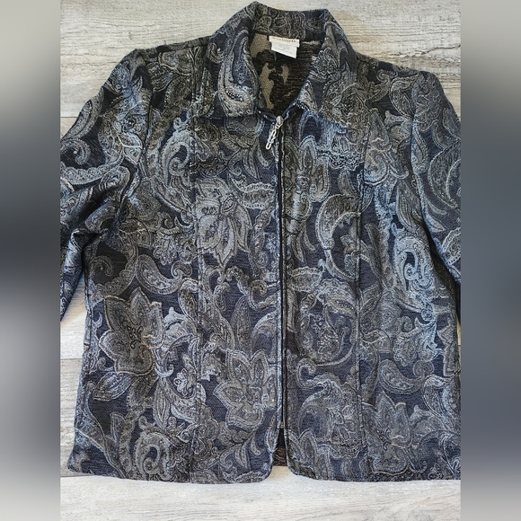 BONWORTH Women's Vintage Blue Gray Embroidered Floral Zip Closure Jacket - Picture 2 of 7